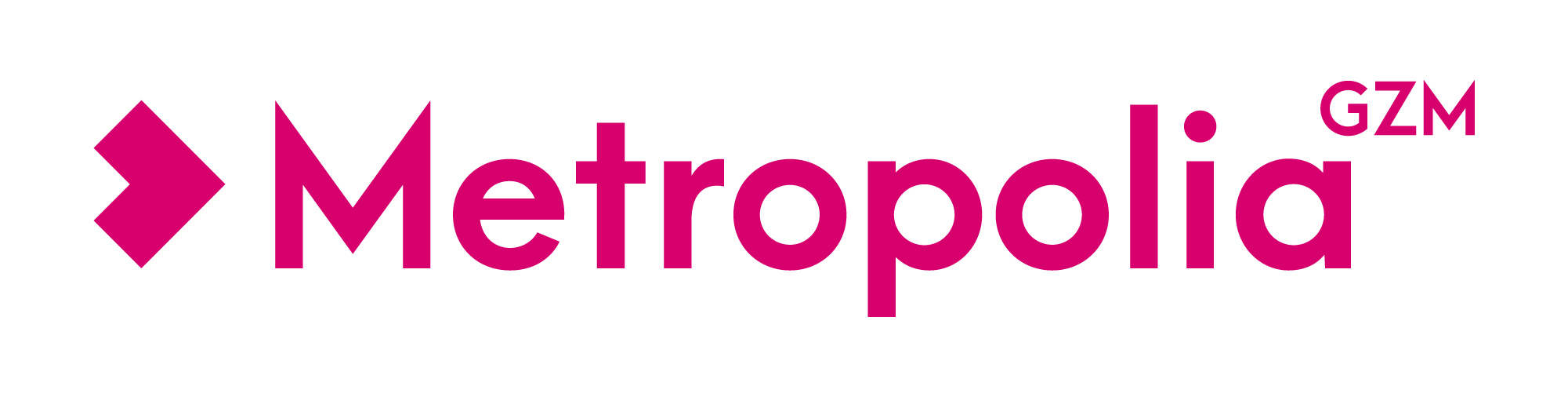 Logo Metropolii GZM w kolorze różowym z graficznym symbolem strzałki.