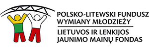 Logo Polsko-Litewskiego Funduszu Wymiany Młodzieży z postaciami osób i hasłem o wymianie młodzieży.
