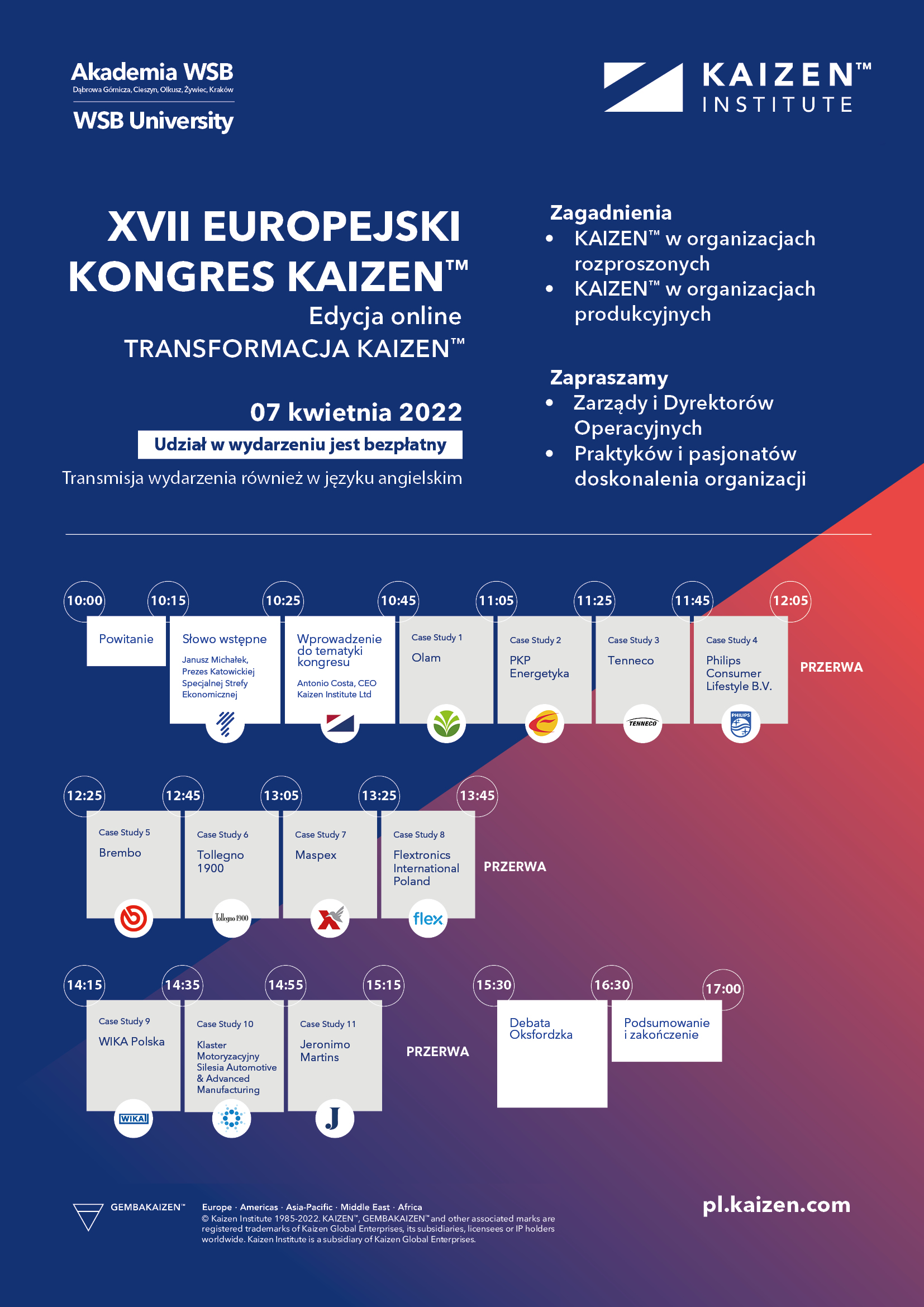 Plakat informacyjny dotyczący XVII Europejskiego Kongresu KAIZEN™ z harmonogramem wydarzeń online, który odbył się 7 kwietnia 2022 roku.
