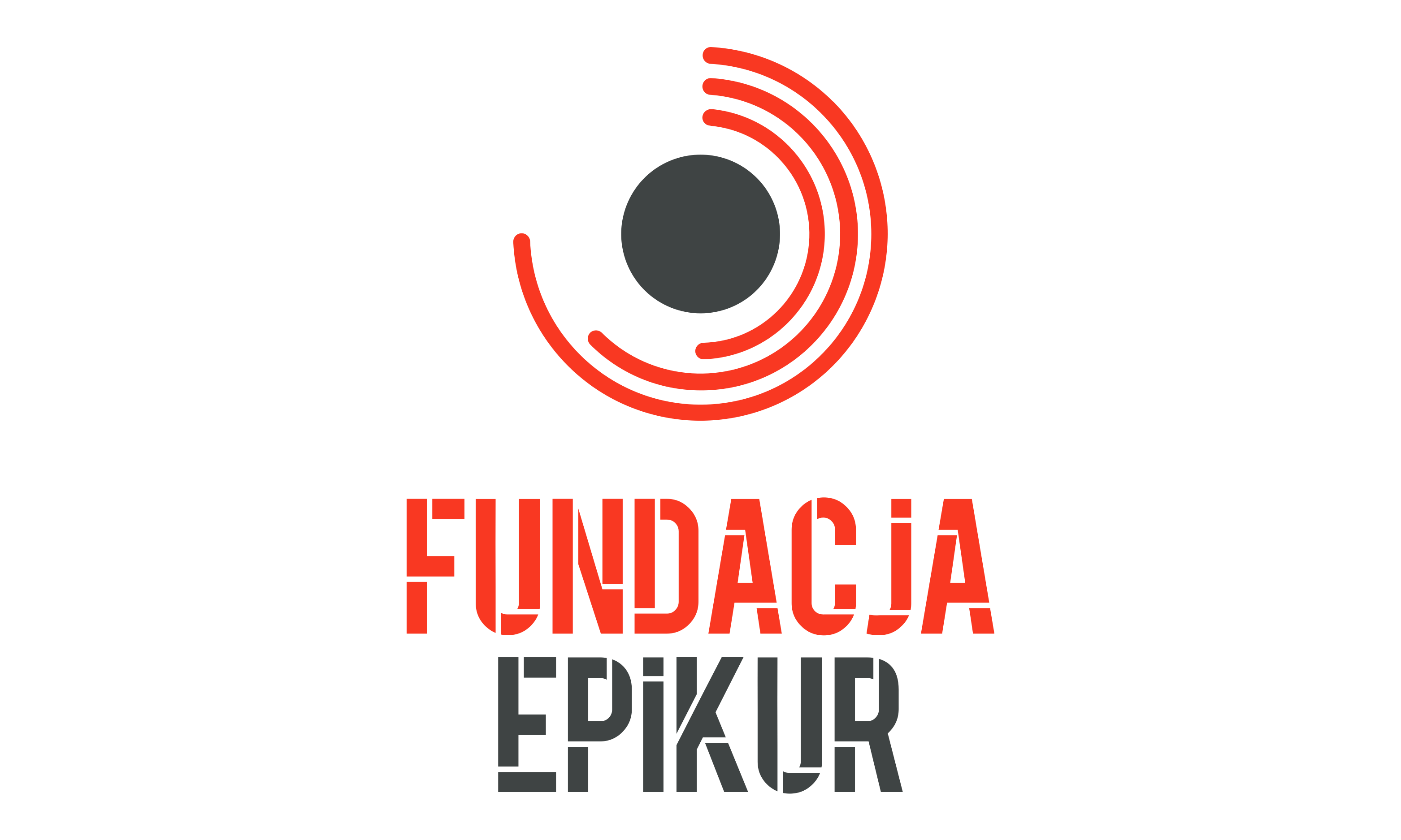 Logo Fundacji Epikur z graficznymi elementami w kolorach czerwonym i szarym.