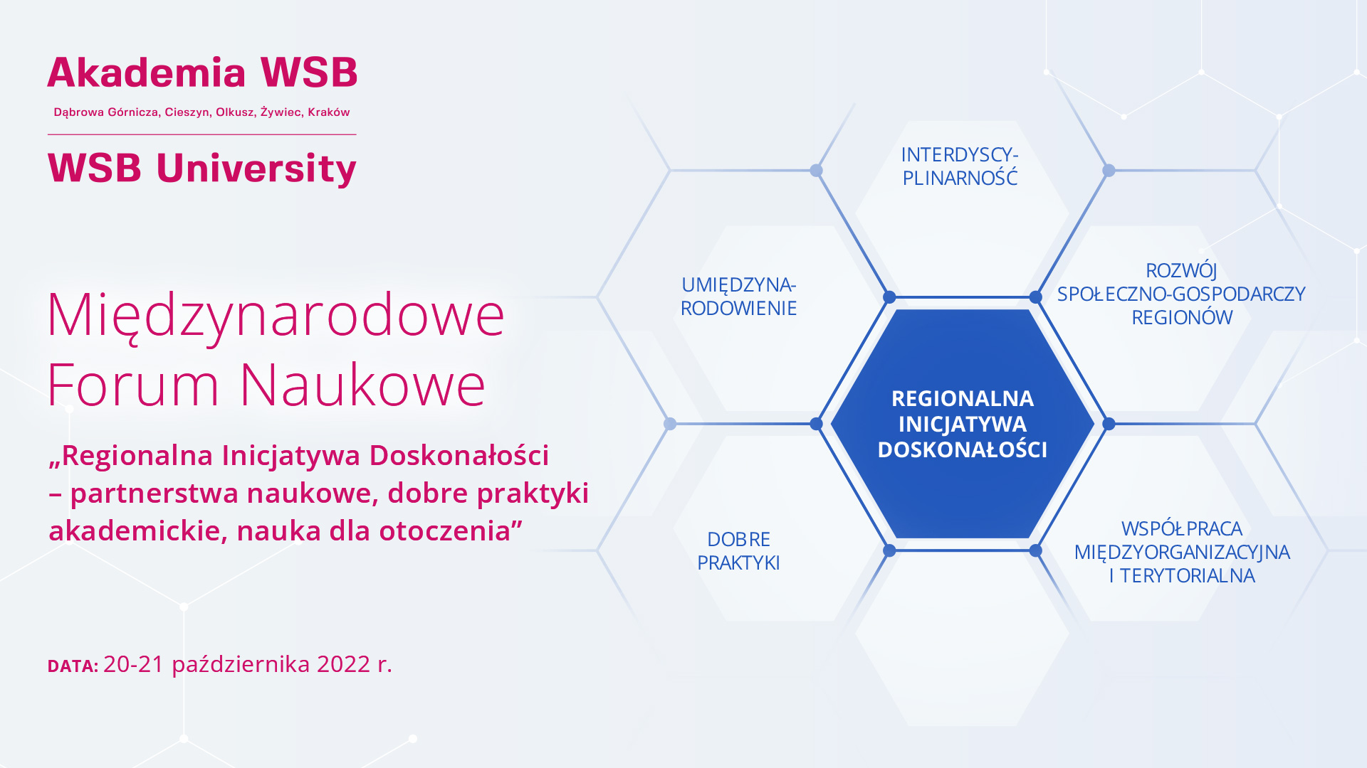 Plakat promujący Międzynarodowe Forum Naukowe na Akademii WSB, dotyczący regionalnych inicjatyw doskonałości i partnerstw naukowych.