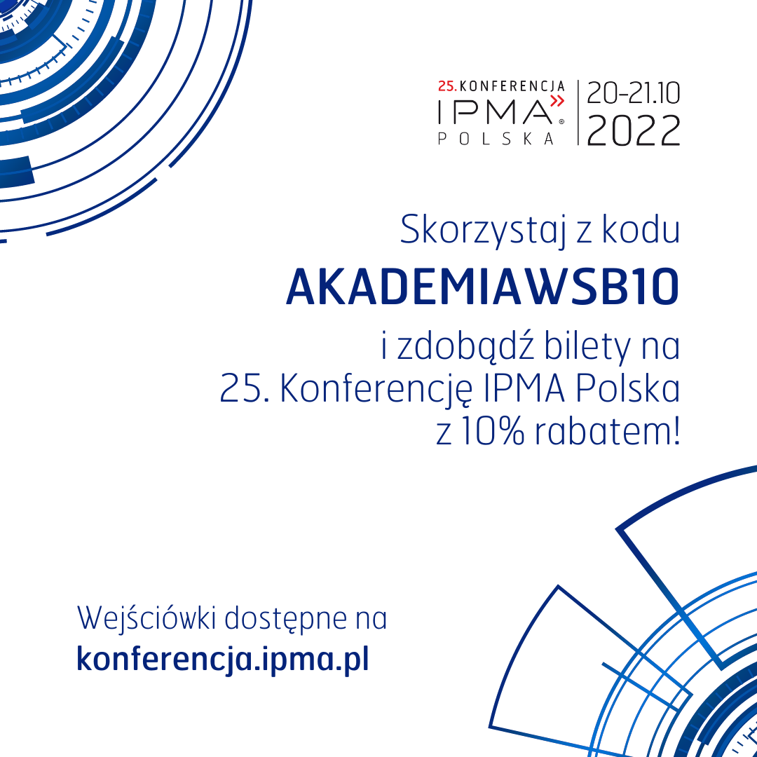 Plakat promujący 25. Konferencję IPMA Polska z informacją o zniżce na bilety.