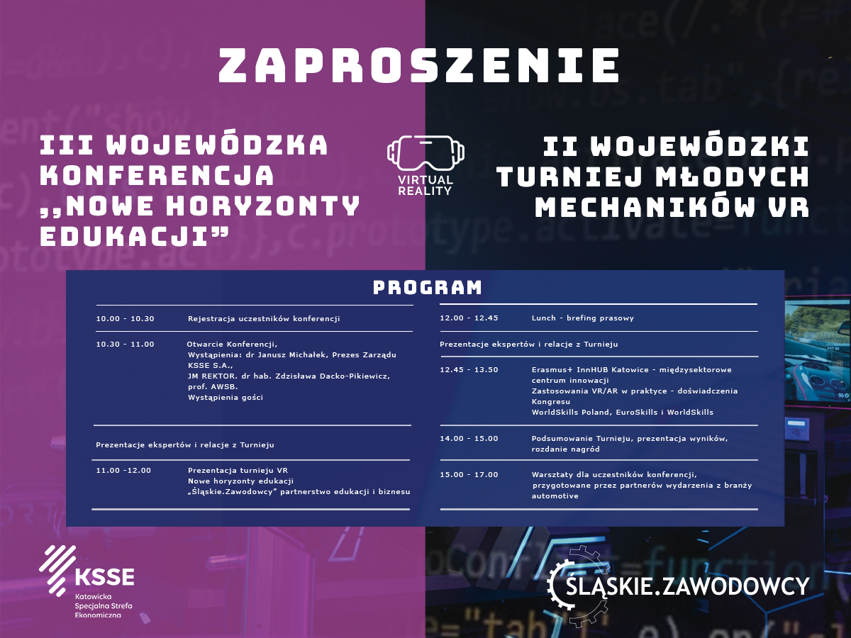 Zaproszenie na III Wojewódzką Konferencję "Nowe Horyzonty Edukacji" oraz II Turniej Młodych Mechaników VR, z programem wydarzenia.