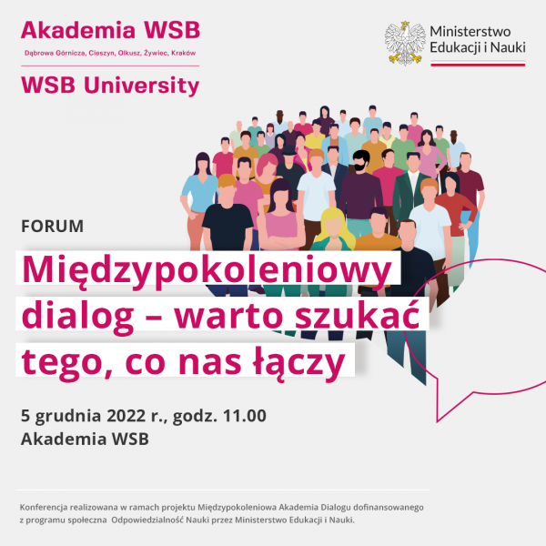 Plakat promujący forum na temat dialogu międzypokoleniowego, organizowane przez Akademię WSB, z datą i godziną wydarzenia.