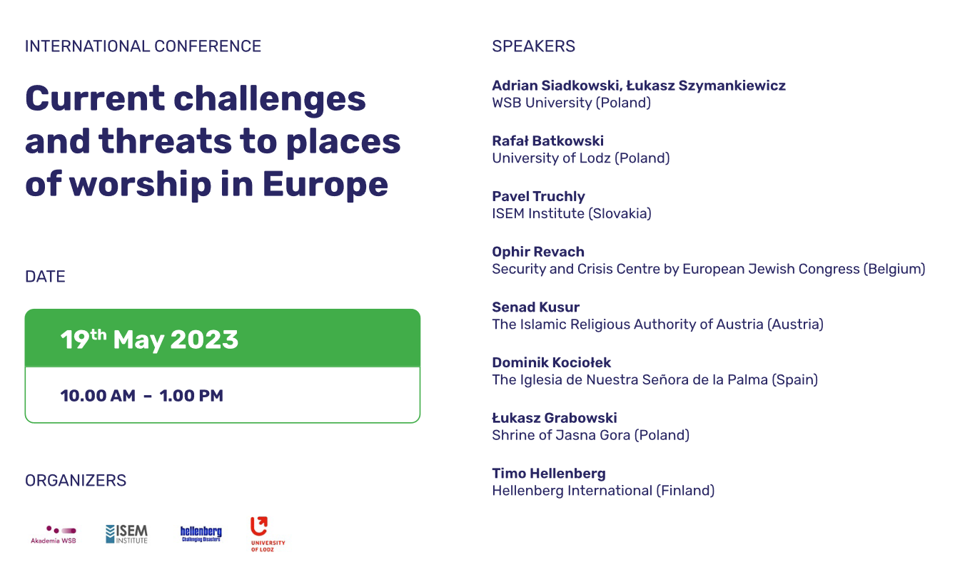 Międzynarodowa konferencja dotycząca wyzwań i zagrożeń dla miejsc kultu w Europie, odbywająca się 19 maja 2023 roku.