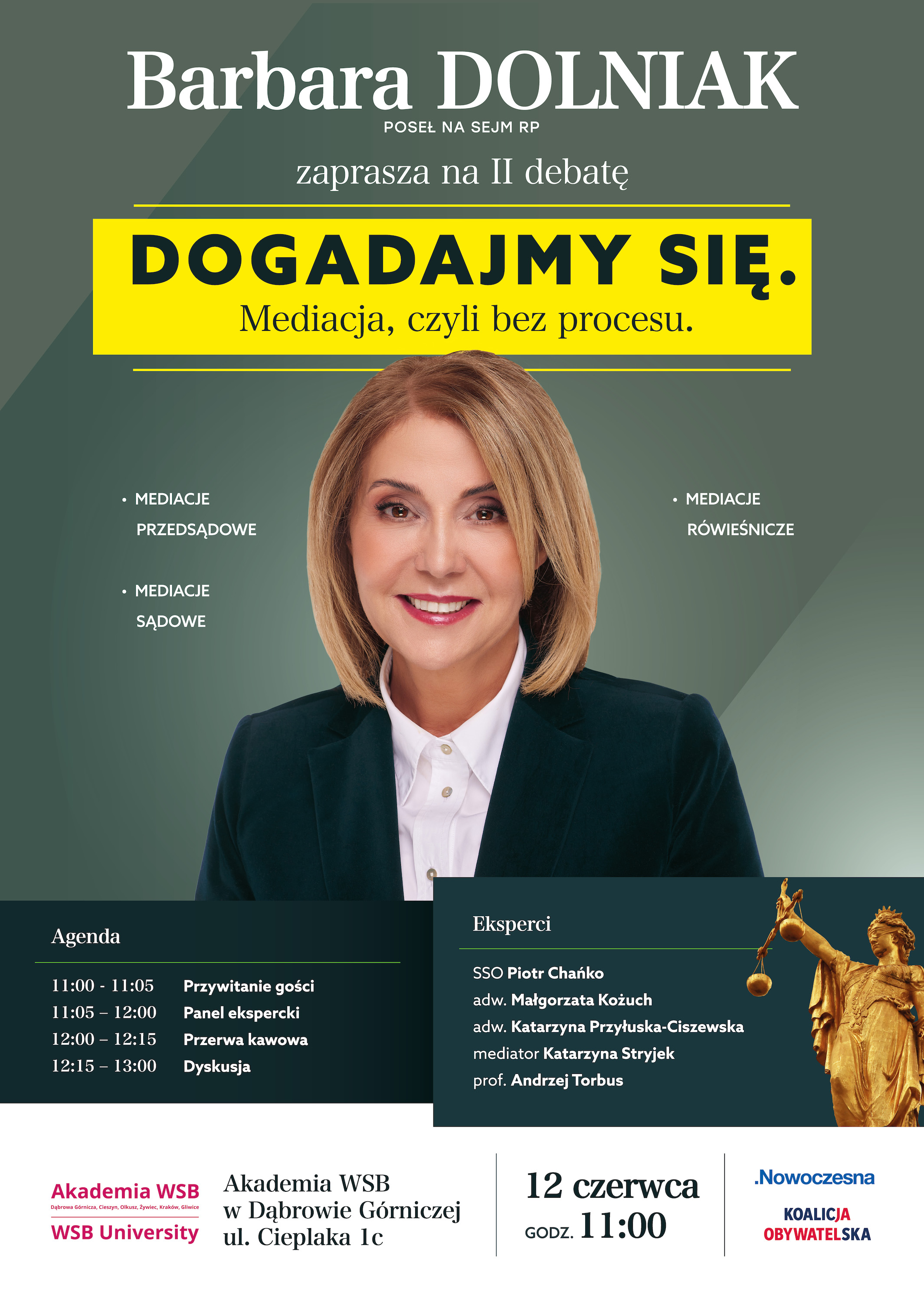 Plakat zapraszający na debatę z Barbarą Dolniak o mediacji, z agendą i informacjami o ekspertach.