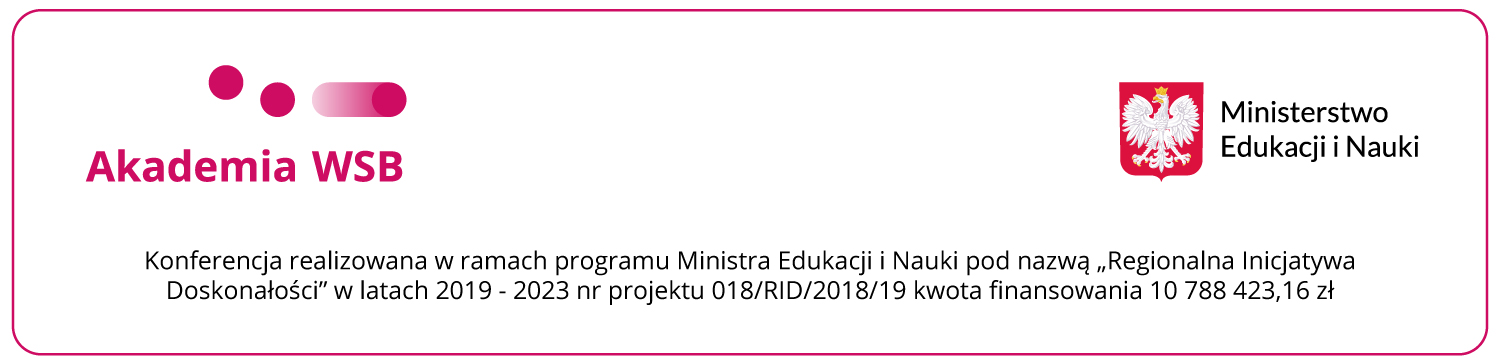 Logo Akademii WSB z informacjami o konferencji w ramach projektu "Regionalna Inicjatywa Doskonałości" wspieranego przez Ministerstwo Edukacji i Nauki.
