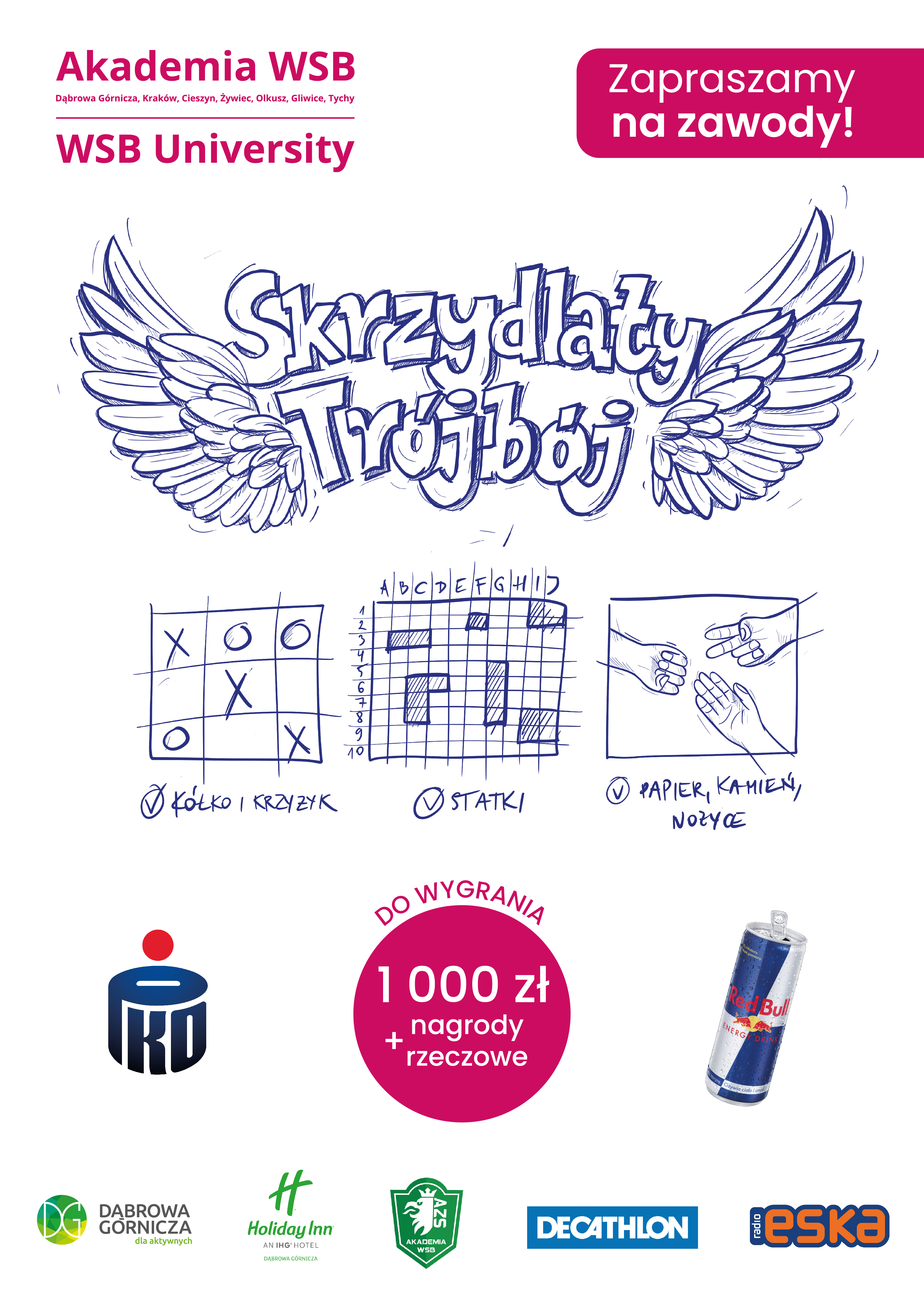 Plakat promujący zawody organizowane przez Akademię WSB, z grafiką przedstawiającą różne gry i informacjami o nagrodach.