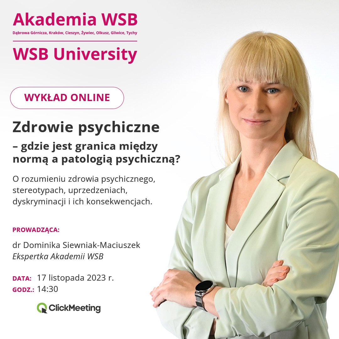 Zaproszenie na wykład online dotyczący zdrowia psychicznego, prowadzonego przez dr Dominikę Siewniak-Maciuszek.