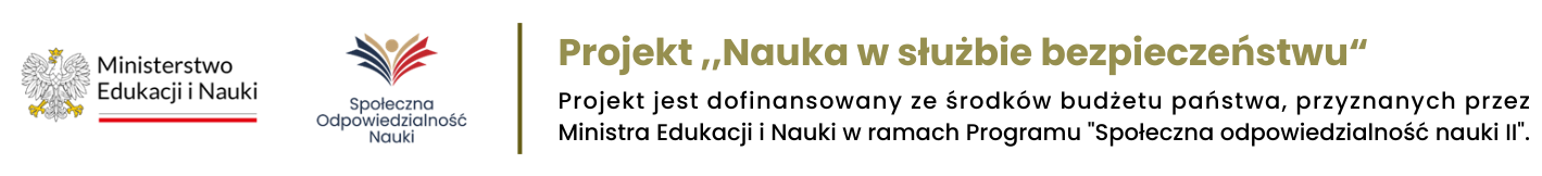 Logo projektu "Nauka w służbie bezpieczeństwu" z symbolami Polski i organizacji.