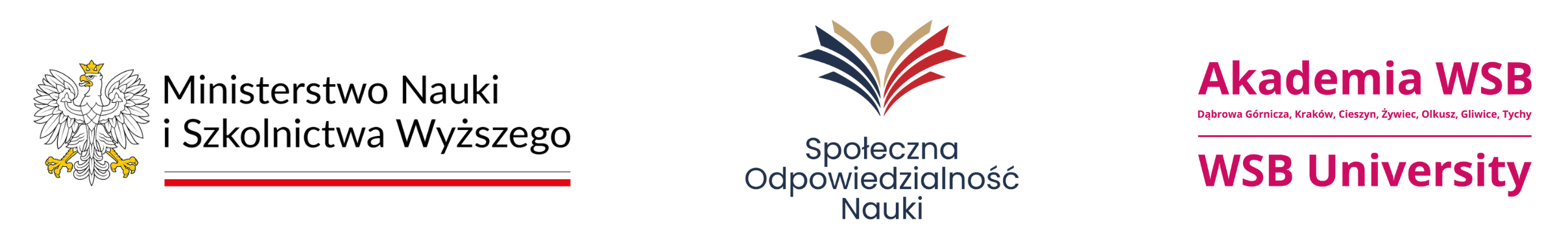 Logotypy trzech instytucji: Ministerstwo Nauki i Szkolnictwa Wyższego, Społeczna Odpowiedzialność Nauki oraz Akademia WSB.