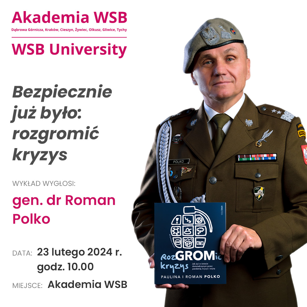 Plakat promujący wykład generała dr. Romana Polko na temat kryzysów, z datą i miejscem wydarzenia.