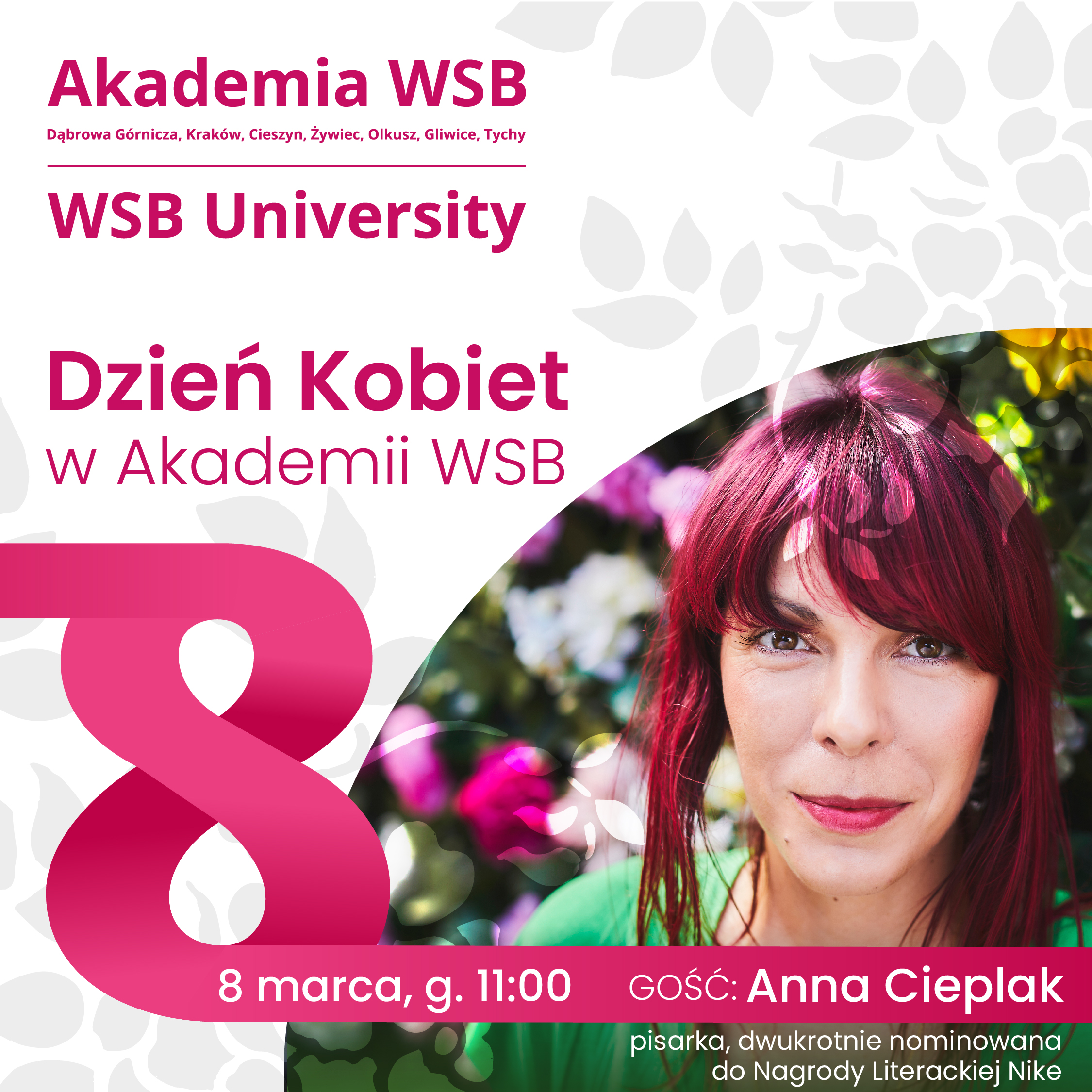 Plakat dotyczący Dnia Kobiet w Akademii WSB z informacjami o wydarzeniu i gościu, Anną Cieplak.