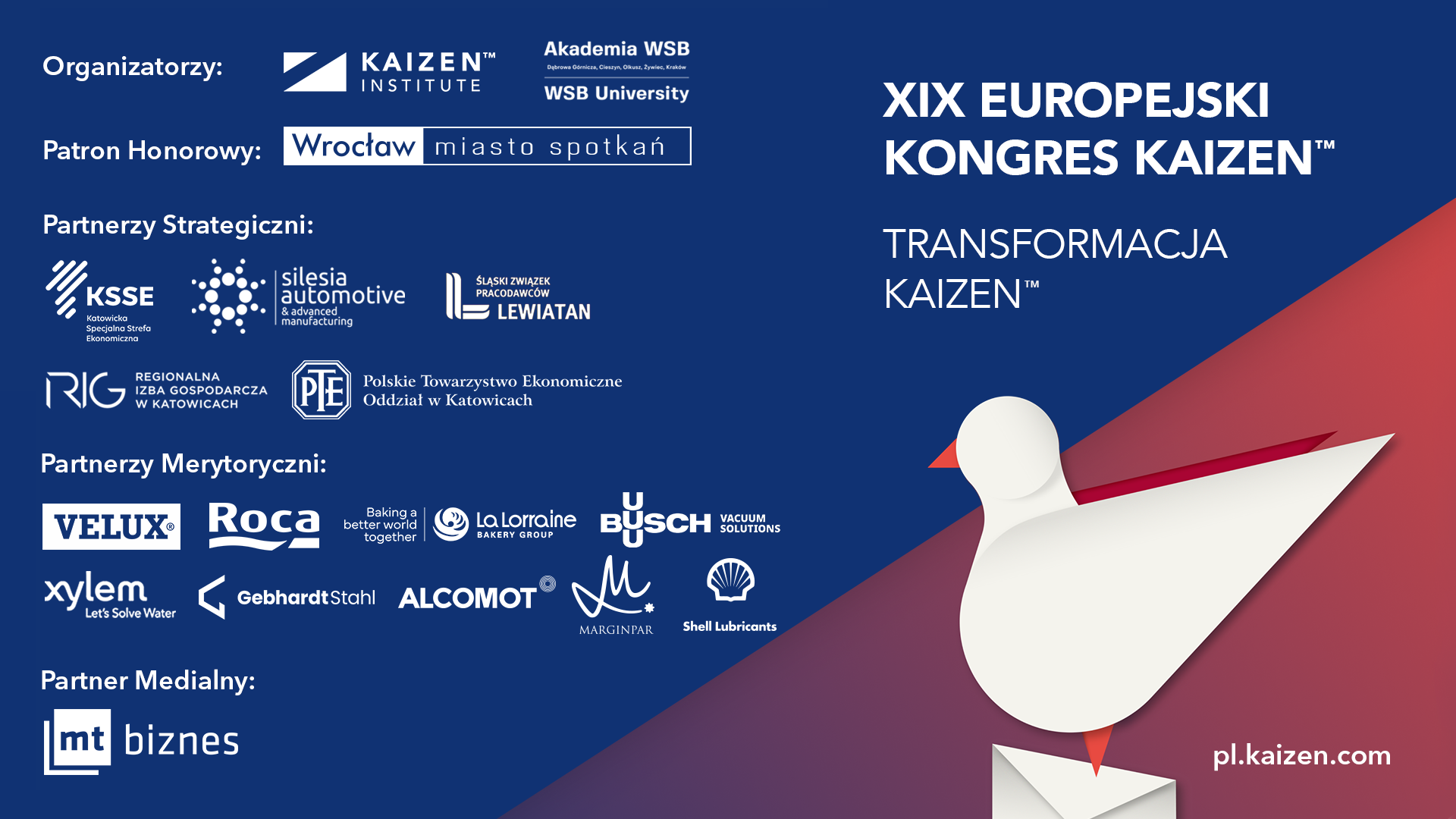 Grafika promująca XIX Europejski Kongres Kaizen™ w Wrocławiu, z logotypami organizatorów i partnerów.