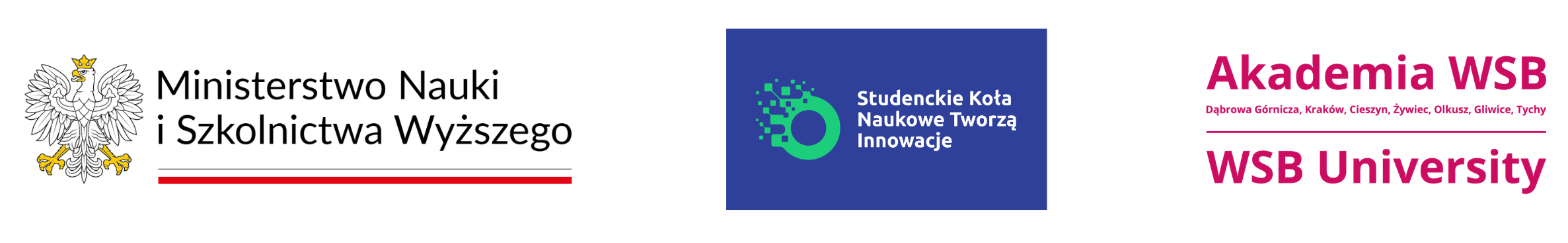 Trzy loga instytucji edukacyjnych: Ministerstwo Nauki i Szkolnictwa Wyższego, Studenckie Koła Naukowe oraz Akademia WSB.