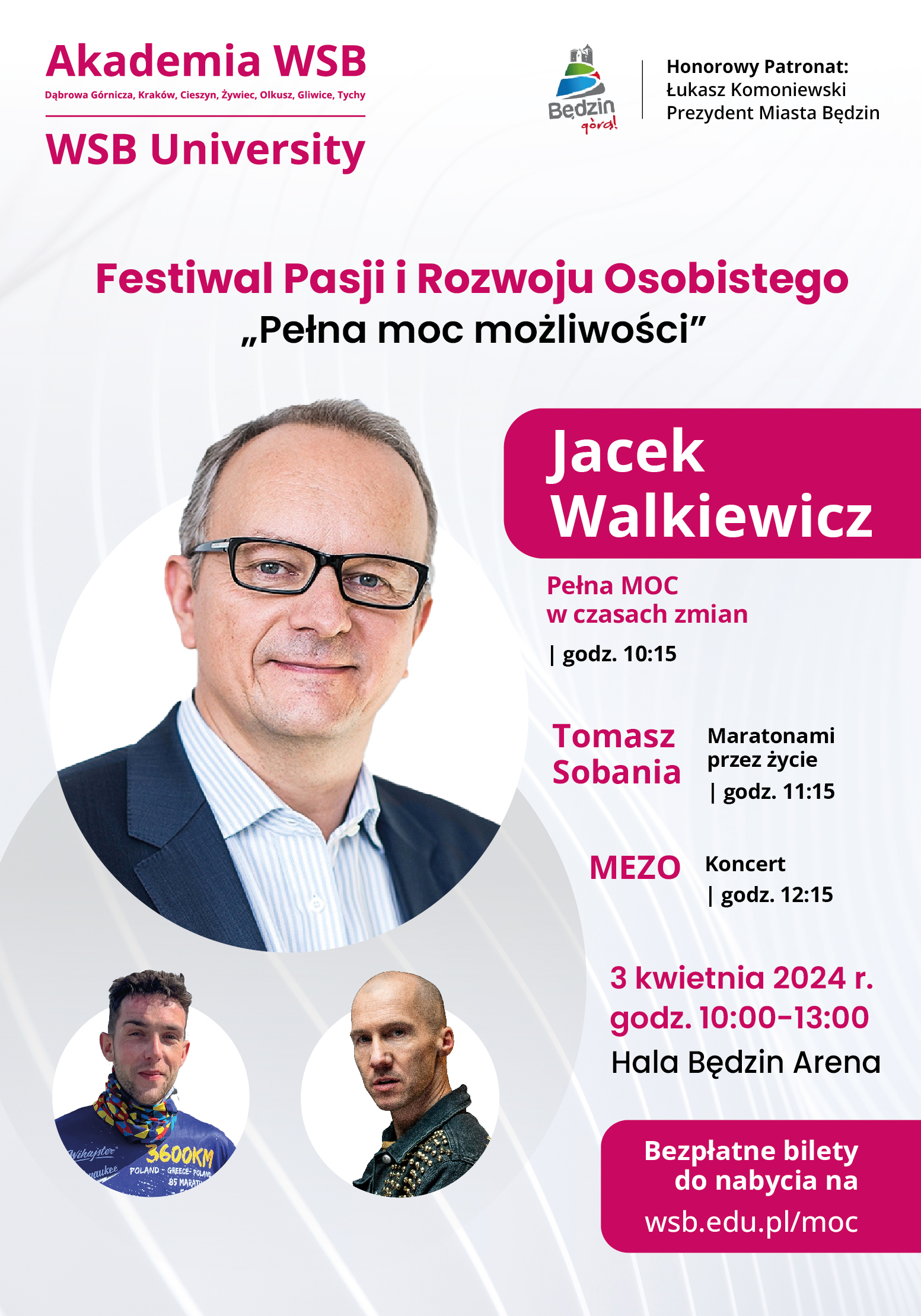 Plakat promujący Festiwal Pasji i Rozwoju Osobistego na Uniwersytecie WSB, z informacjami o prelegentach i wydarzeniach.