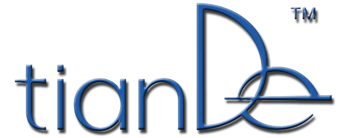 Logo firmy tianDe w niebieskim kolorze.