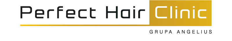 Logo kliniki włosów "Perfect Hair Clinic", z nazwą i napisem "Grupa Angelinus".