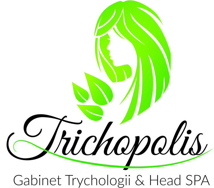 Logo Trichopolis, przedstawiające wizerunek kobiety z długimi włosami i liściami, symbolizujące trychologię i spa dla głowy.