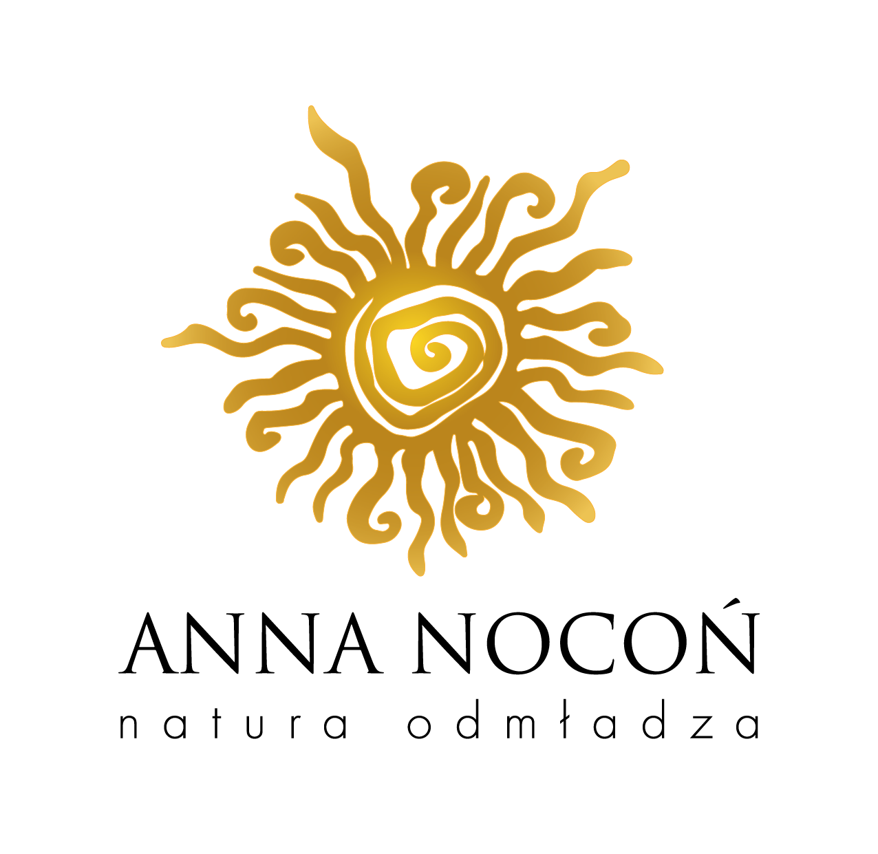 Logo z wizerunkiem stylizowanego słońca i napisem "ANNA NOCÓŃ, natura odmładza".