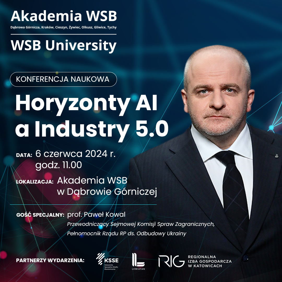 Plakat zapraszający na konferencję naukową "Horyzonty AI a Industry 5.0" z datą, lokalizacją oraz nazwiskiem gościa specjalnego, prof. Pawła Kowala.