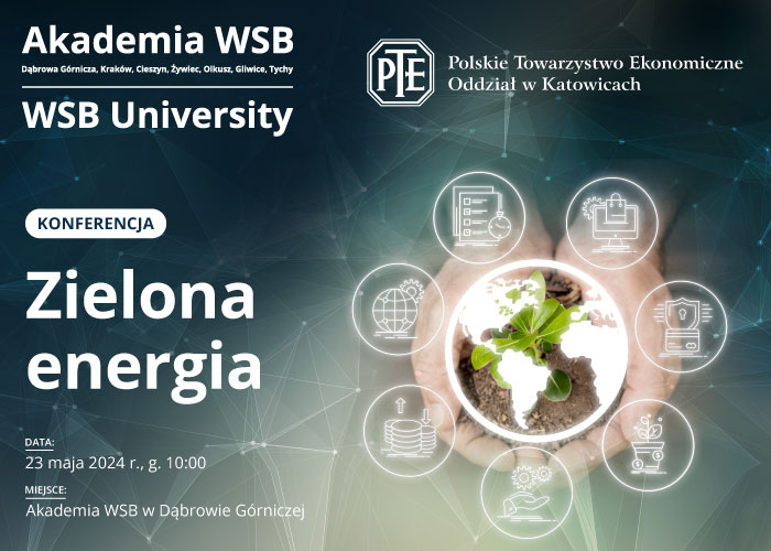 Plakat promujący konferencję na temat zielonej energii, organizowaną przez Akademię WSB w Dąbrowie Górniczej.