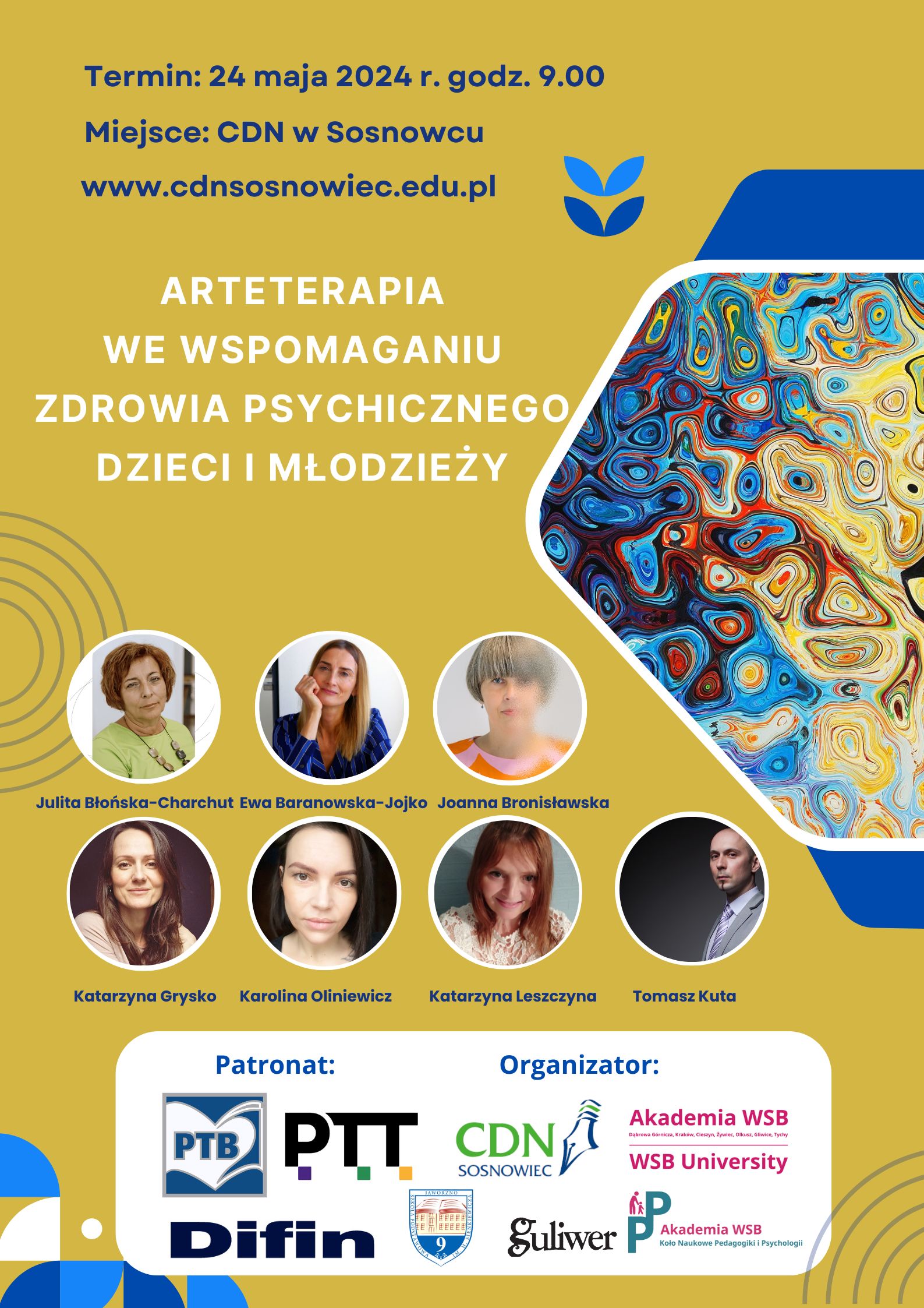 Plakat informujący o konferencji na temat arteterapii w zdrowiu psychicznym dzieci i młodzieży, która odbędzie się 24 maja 2024 r. w Sosnowcu.