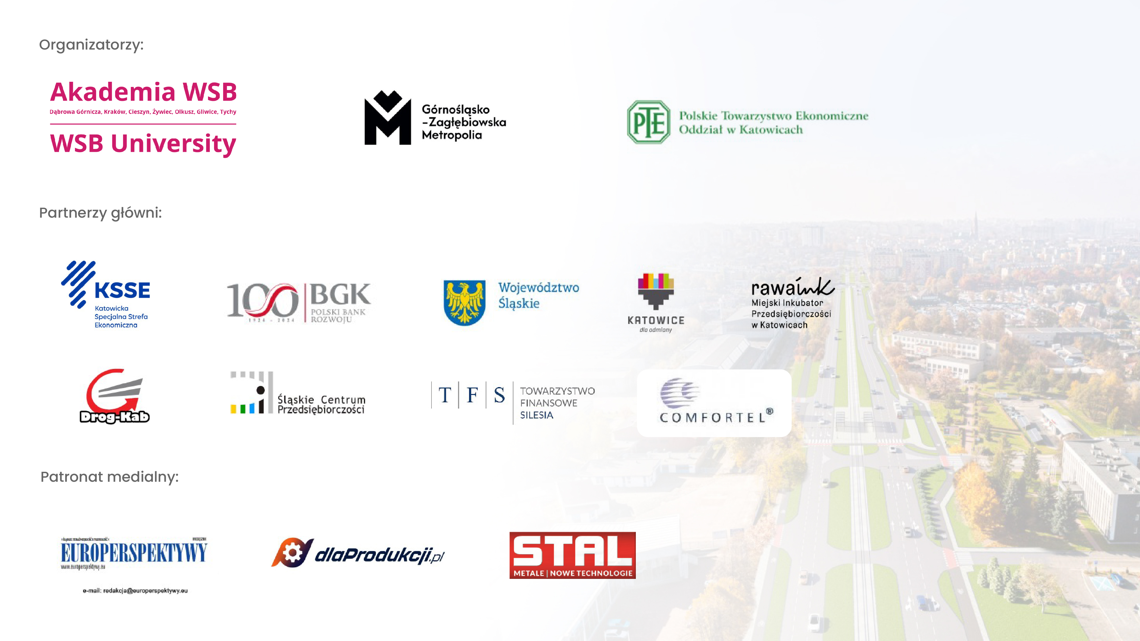 Logo organizatorów, partnerów oraz patronów medialnych związanych z Akademią WSB i wydarzeniem w Katowicach.