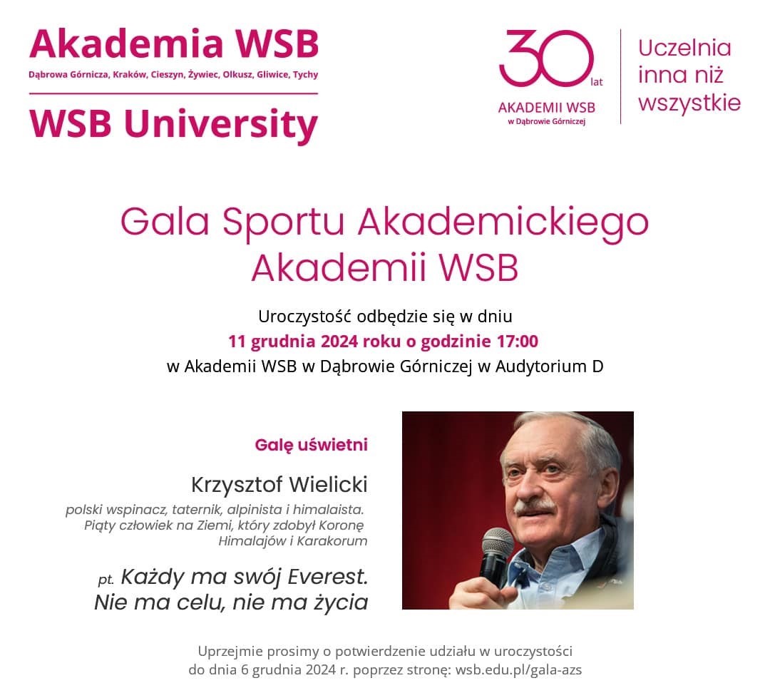 Gala Sportu Akademickiego Akademii WSB z Krzysztofem Wielickim jako gościem specjalnym, 11 grudnia 2024 r. w Dąbrowie Górniczej.