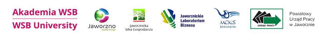 Logotypy instytucji związanych z Akademią WSB oraz lokalnym rynkiem pracy w Jaworznie.