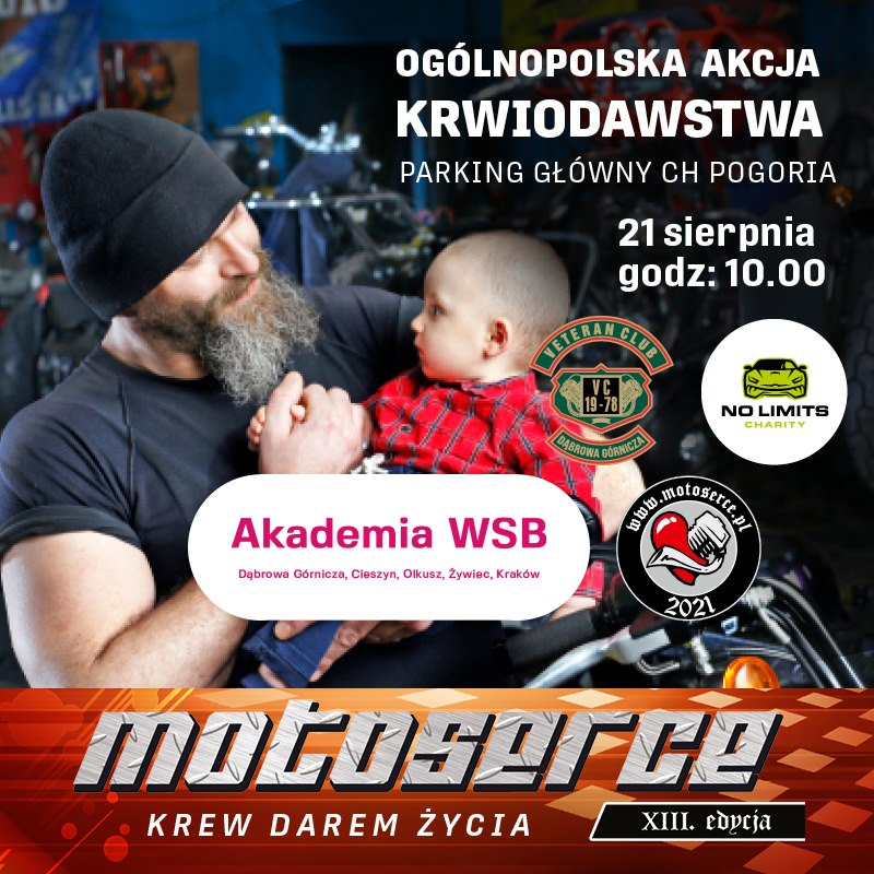 Plakat promujący ogólnopolską akcję krwiodawstwa, z motywem motocyklowym, przedstawiający mężczyznę z dzieckiem.