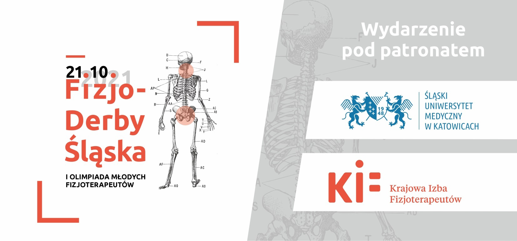 Plakat promujący wydarzenie "Fizjo-Derby Śląska" z grafiką szkieletu i informacjami o patronacie.