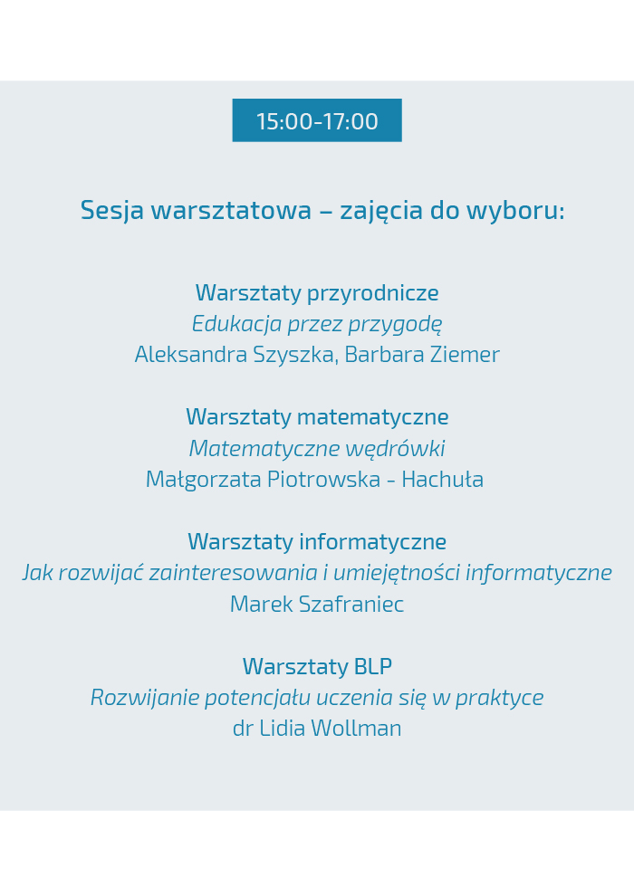 Program sesji warsztatowej z różnymi tematami zajęć w godzinach 15:00-17:00.