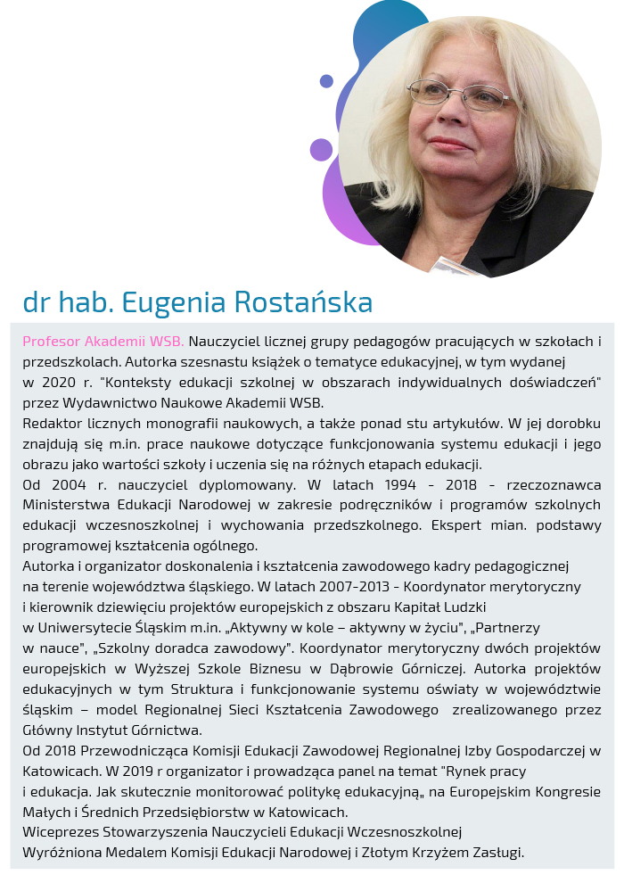 Dr hab. Eugenia Rostańska, profesor Akademii WSB, ekspert w dziedzinie edukacji, autorka publikacji i redaktor prac naukowych.