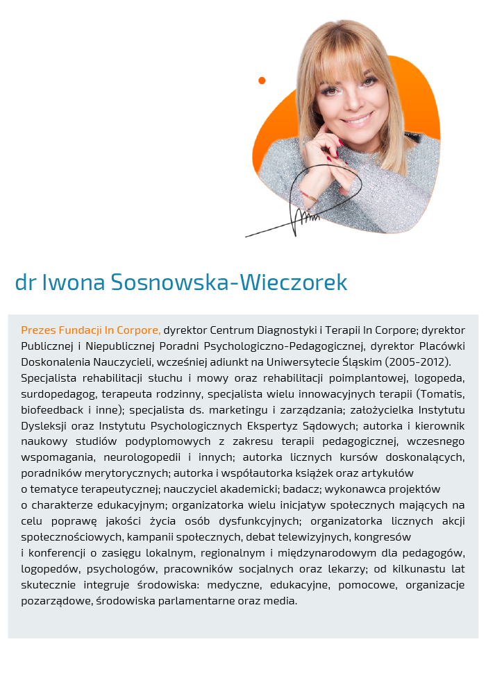 Portret dr Iwony Sosnownskiej-Wieczorek, prezes Fundacji In Corpore, ekspert w zakresie rehabilitacji i terapii.