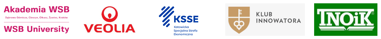 Pięć różnych logo, w tym Akademia WSB, Veolia, KSSE, Klub Innowatora i TNOiK.