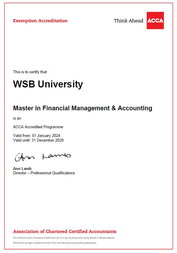 Certyfikat akredytacji programu magisterskiego w zarządzaniu finansami i rachunkowości na WSB University, ważny od 1 stycznia 2024 do 31 grudnia 2028.