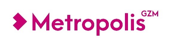 Logo Metropolis GZM w różowym kolorze z graficznym symbolem obok.